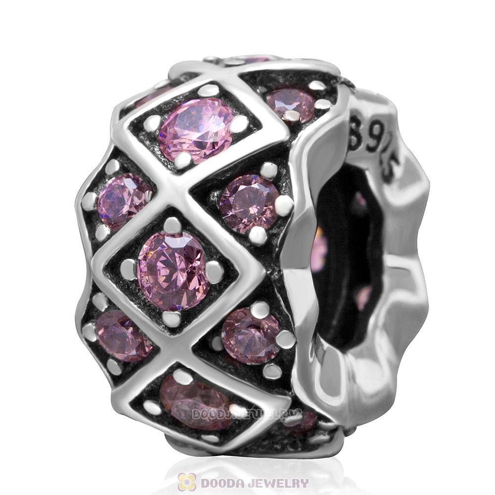 925 Sterling Silver Grid Charm Bead with Pink Stones