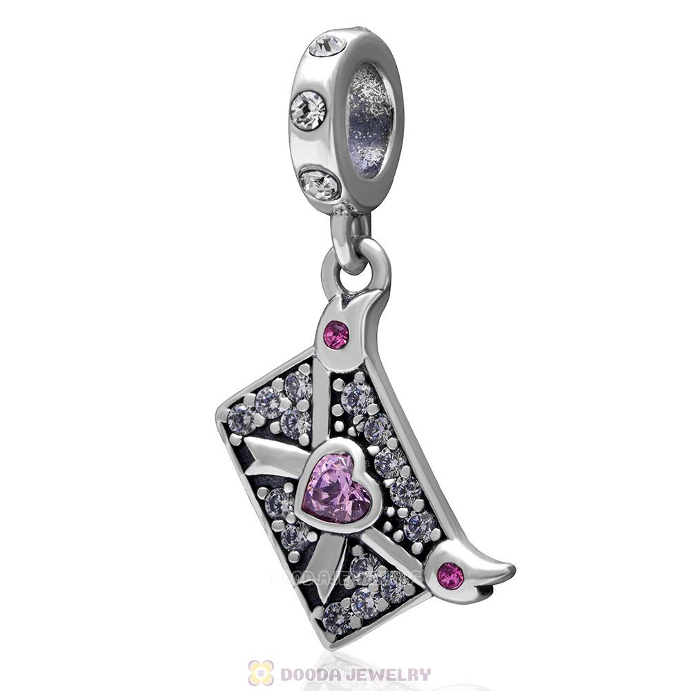925 Sterling Silver Love Letter Envelope Charm with Clear and Rose Crystal