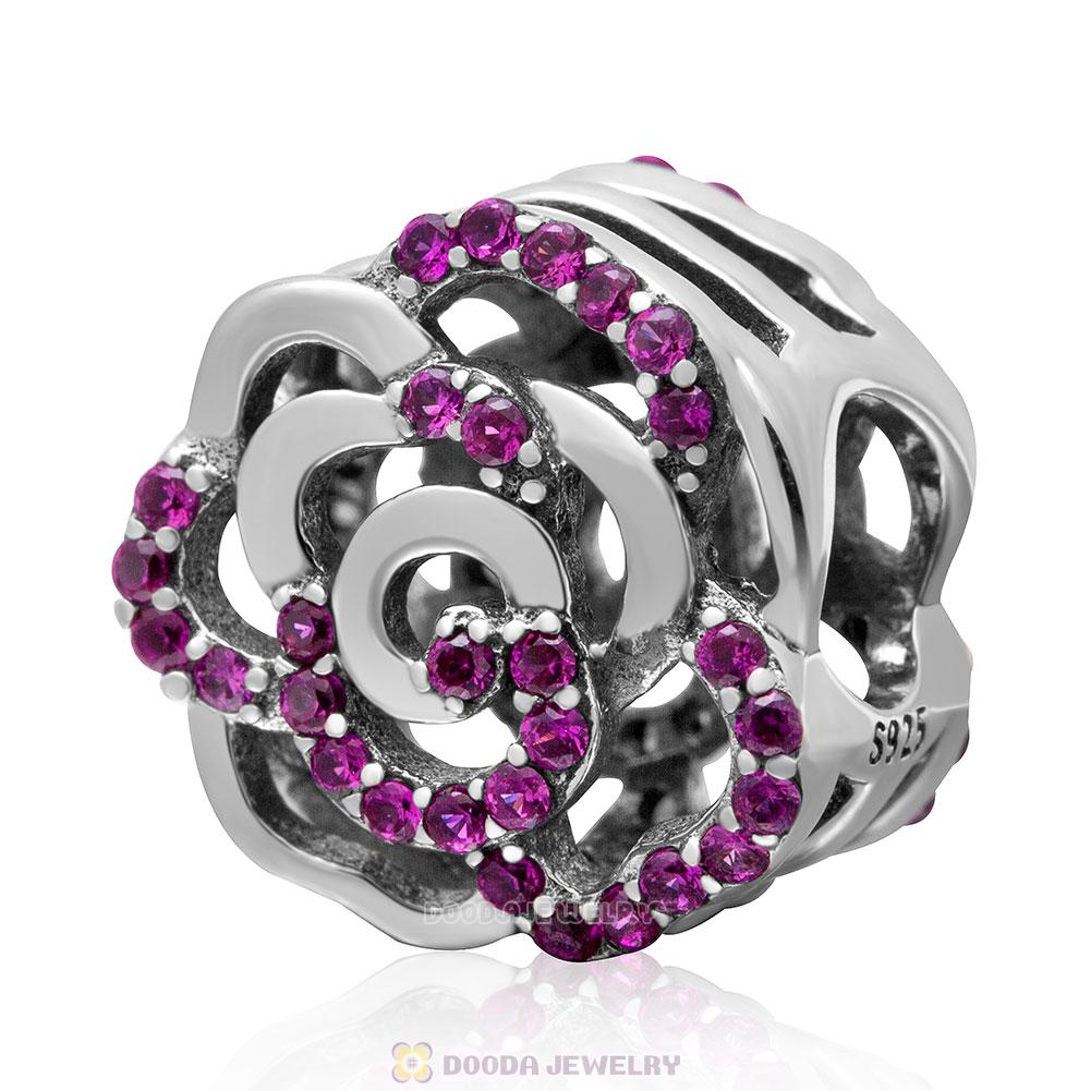 925 Sterling Silver Layers of Petals Charm with Fuchsia Zircon Stone 