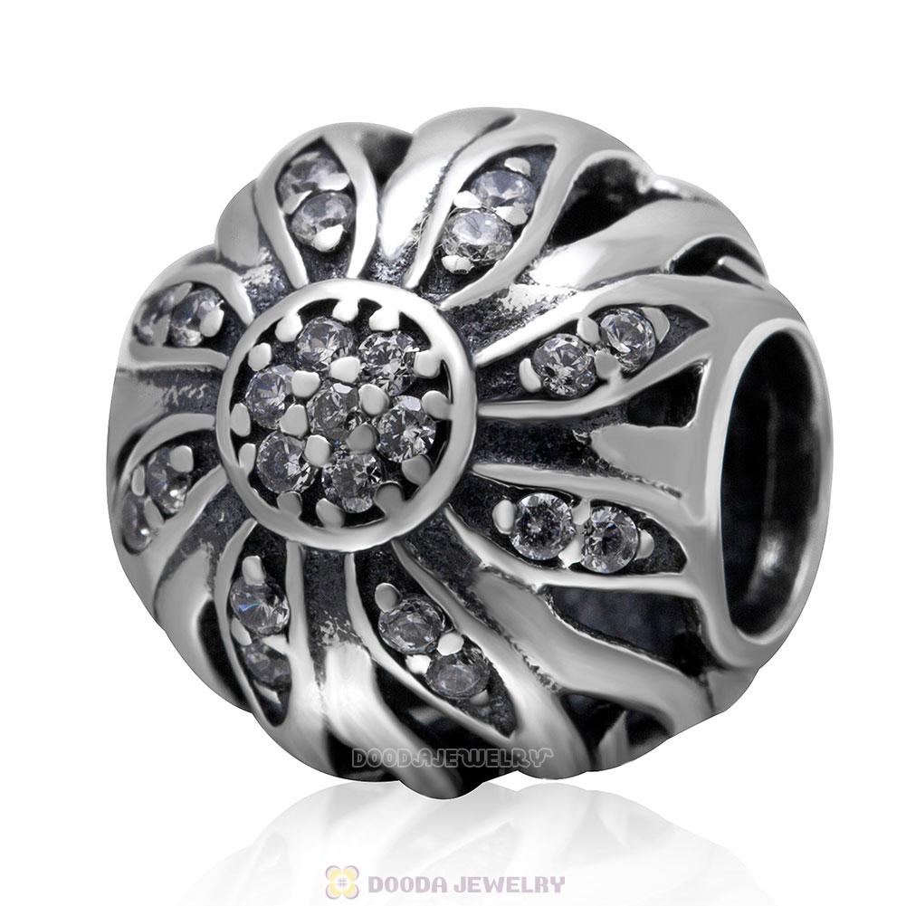 925 Sterling Silver Sunflower Charm with Clear Zircon Stone 
