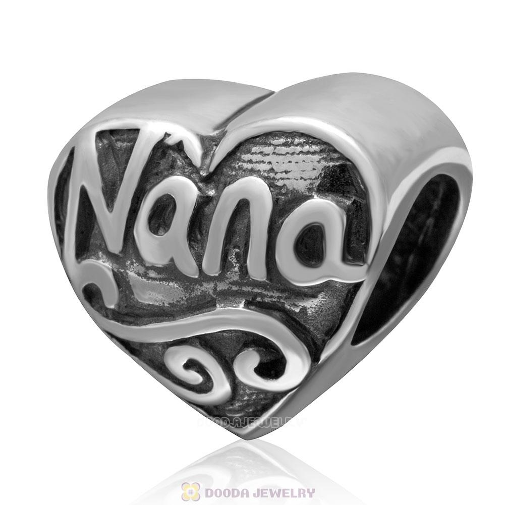 925 Sterling Silver I Love Nana Heart Bead Antique Style