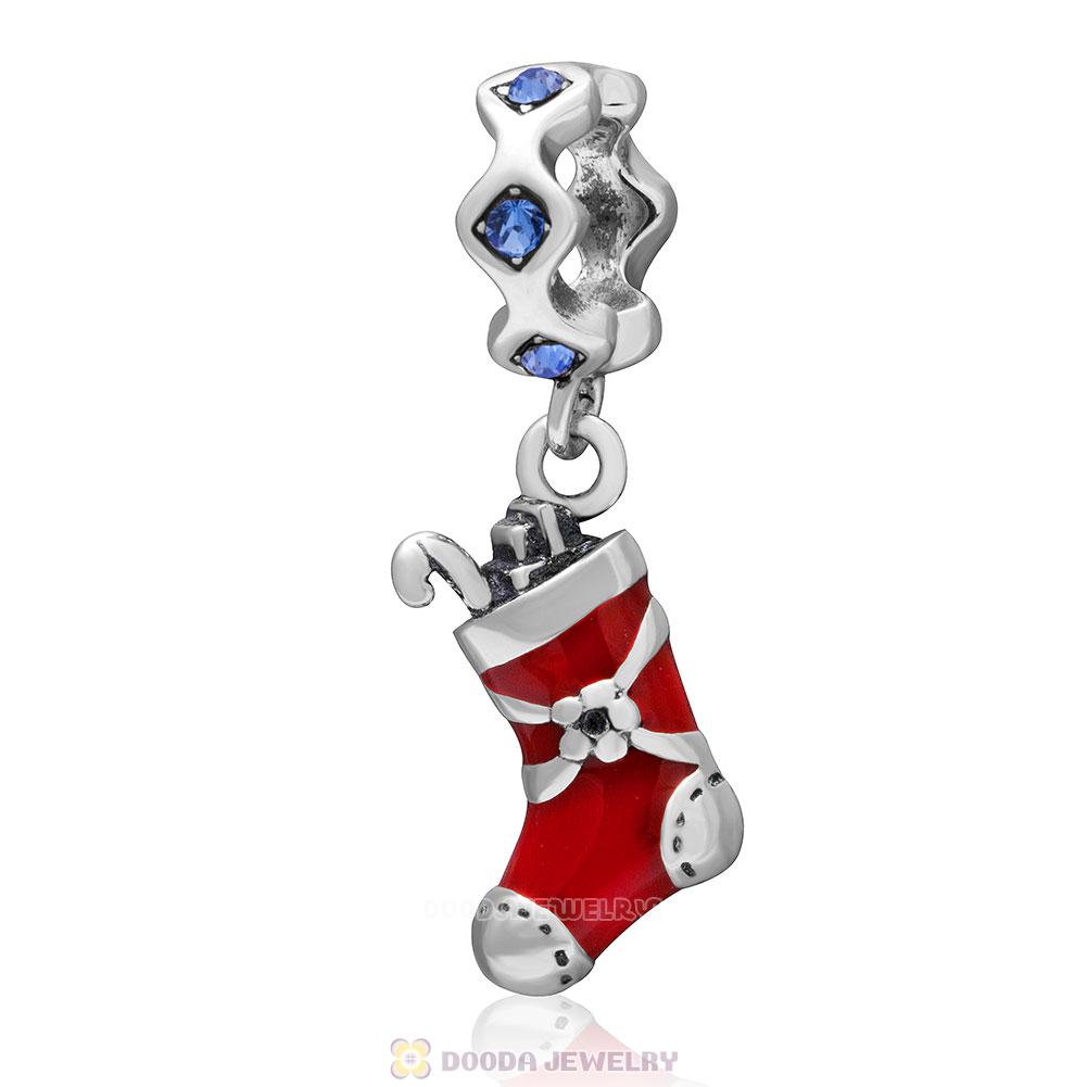 925 Sterling Silver Red Enamel Christmas Stocking Charm with Sapphire Crystal