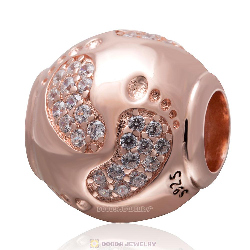 925 Sterling Silver Rose Gold Baby Footprint Charm Bead with Clear Stone