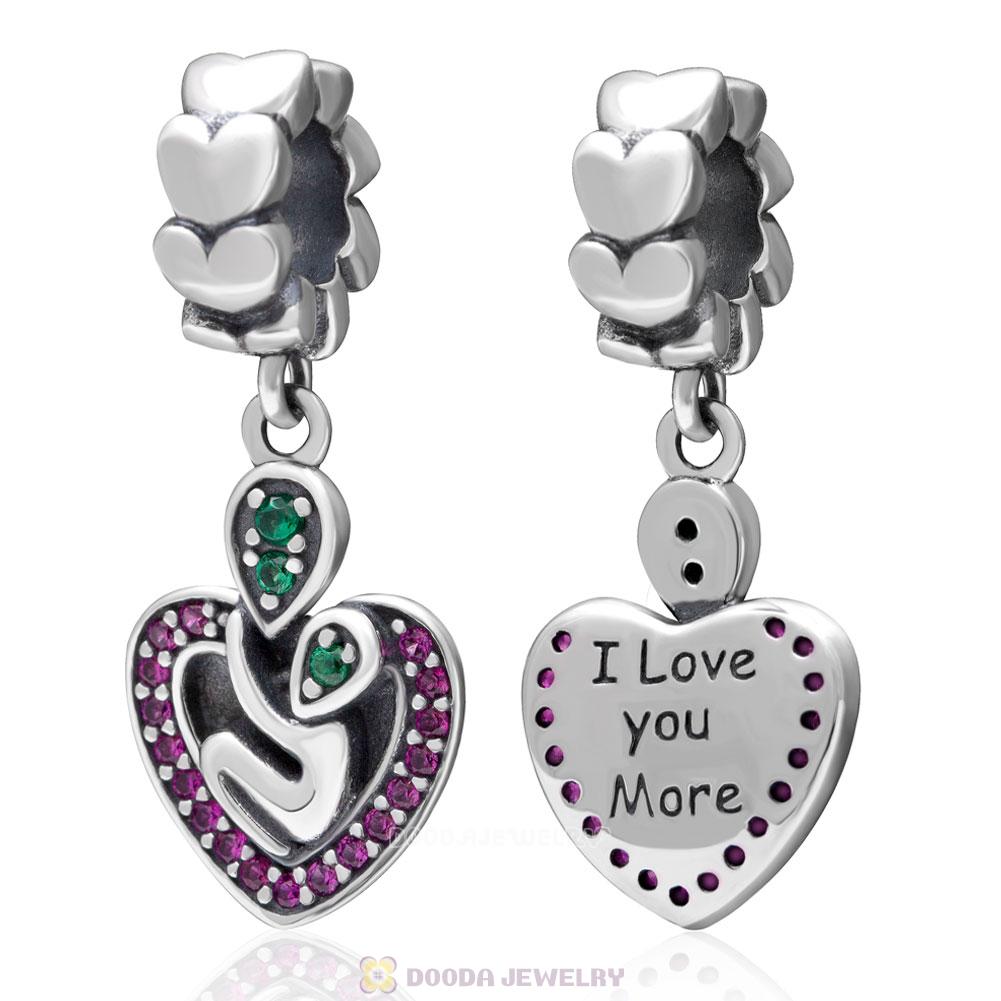 925 Sterling Silver I Love You More Heart Dangle Charm with Fuchsia Stone