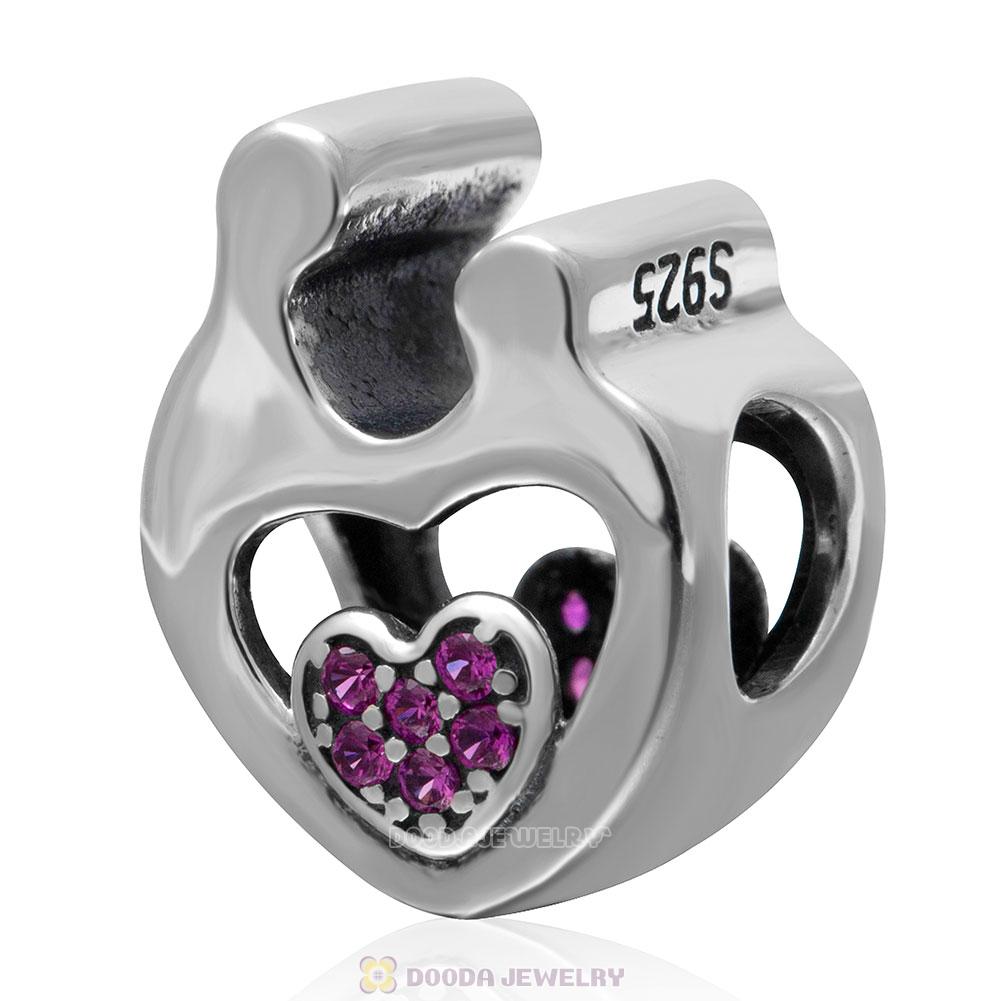 925 Sterling Silver Mother Child Love Charm with Fuchsia Stone