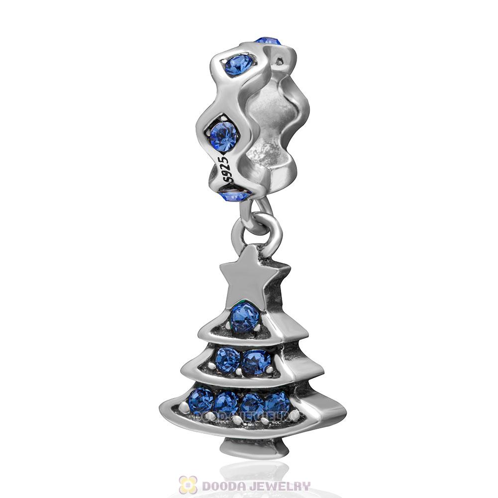 925 Sterling Silver Merry Christmas Tree Dangle Charm with Sapphire Crystal