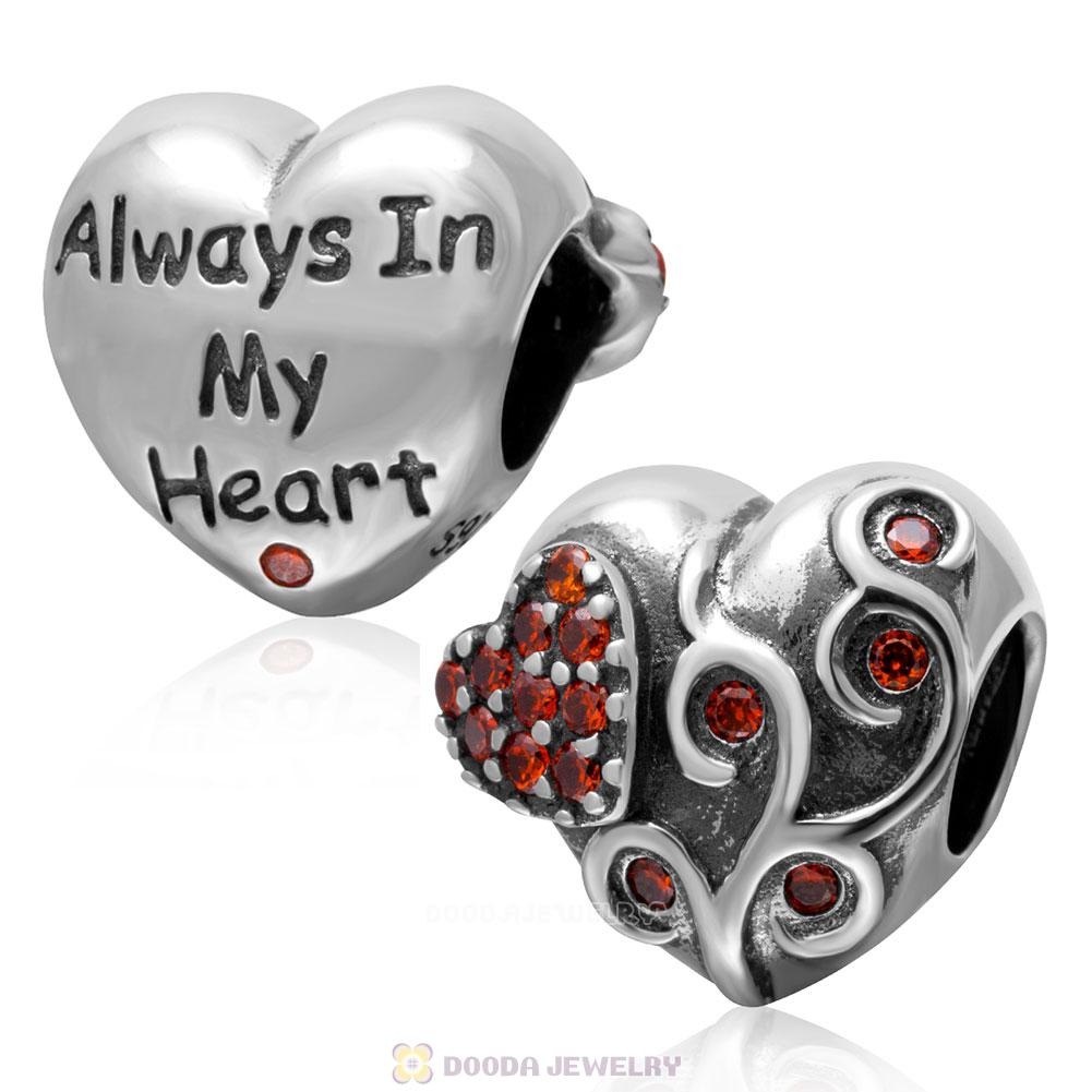 925 Sterling Silver Always in my Heart Charm with Stone