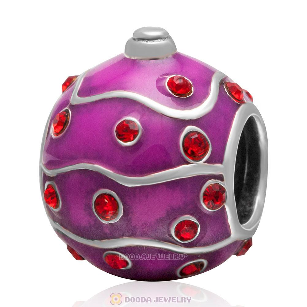 925 Sterling Silver Merry Christmas Ball Enamel Charm Bead with Lt Siam Crystal