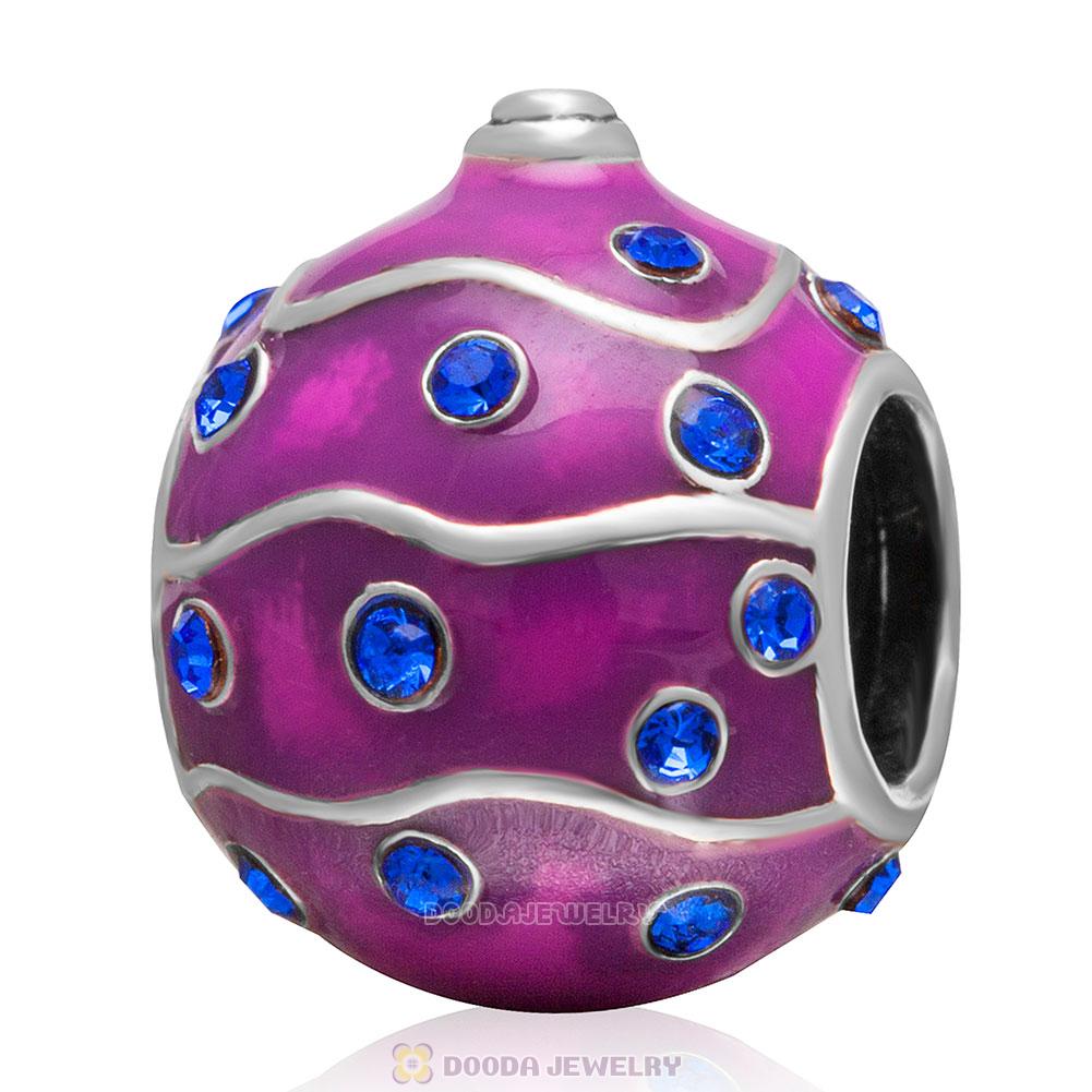 925 Sterling Silver Merry Christmas Ball Enamel Charm Bead with Sapphire Crystal