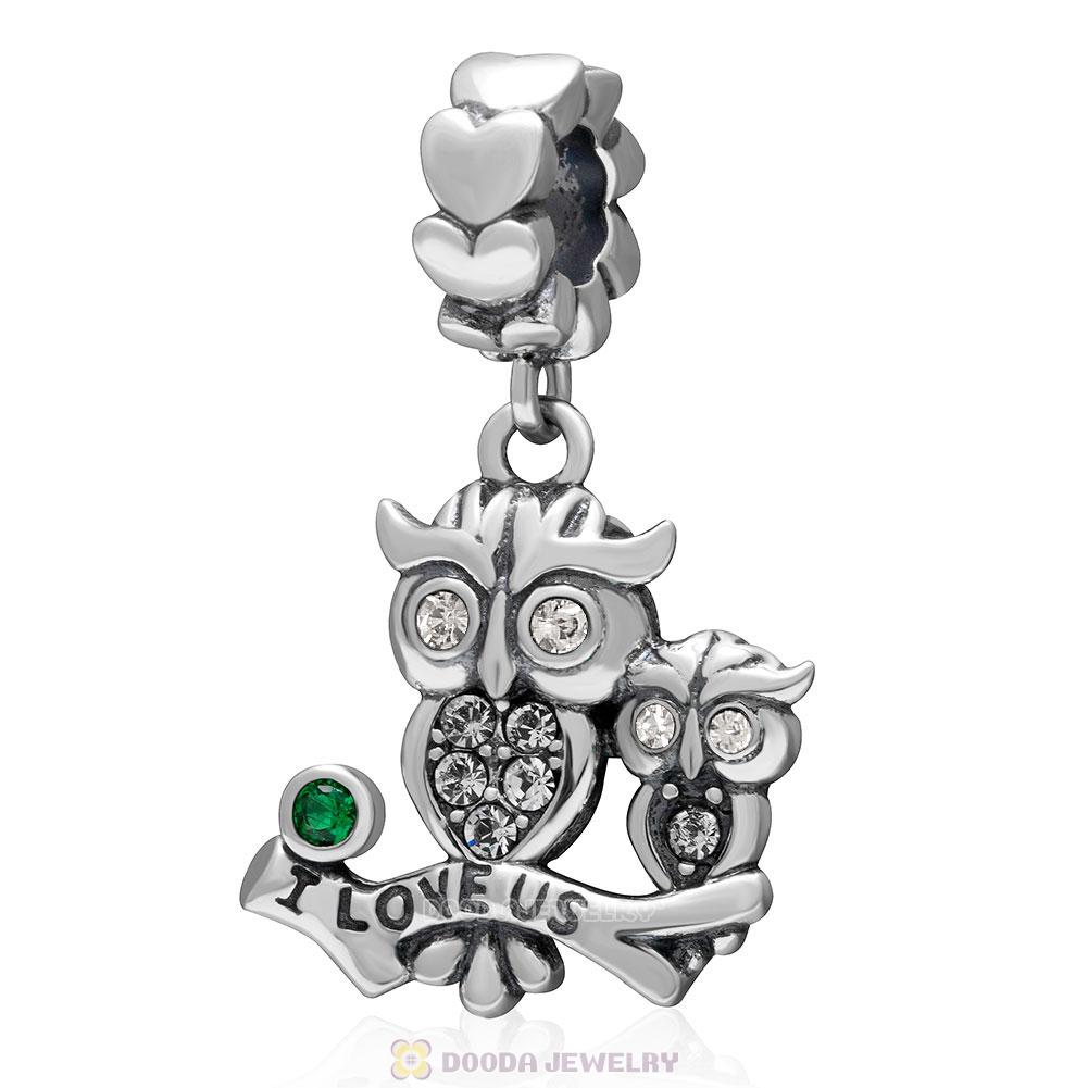 925 Sterling Silver I Love Us Owl Dangle Charm Bead with Clear Crystal