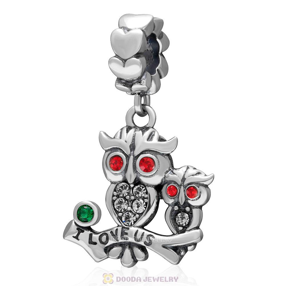 925 Sterling Silver I Love Us Owl Dangle Charm Bead with Lt Siam Crystal