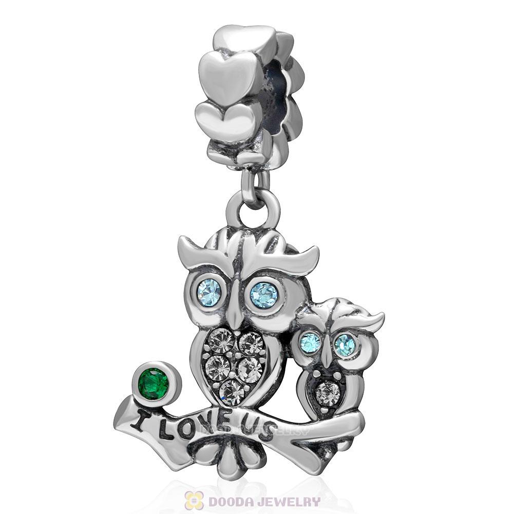 925 Sterling Silver I Love Us Owl Dangle Charm Bead with Aquamarine Crystal