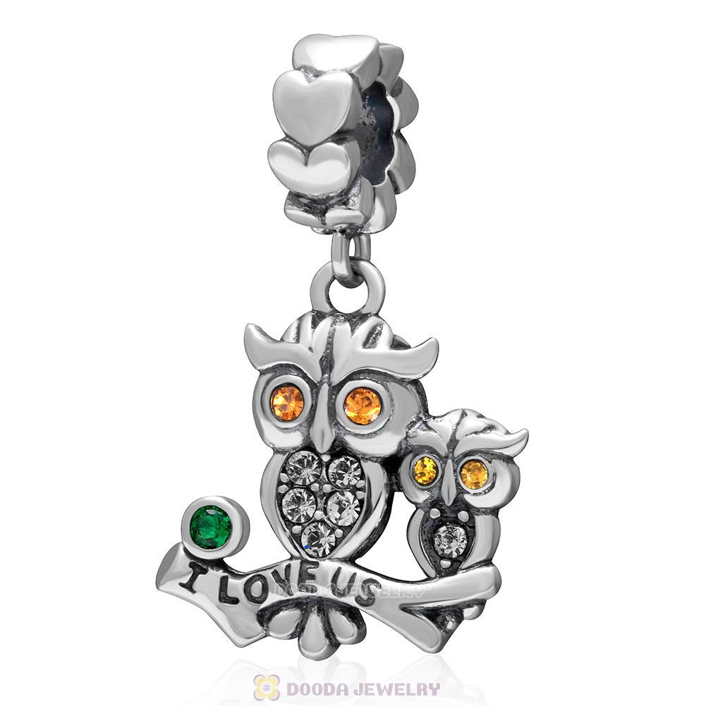 925 Sterling Silver I Love Us Owl Dangle Charm Bead with Topaz Crystal