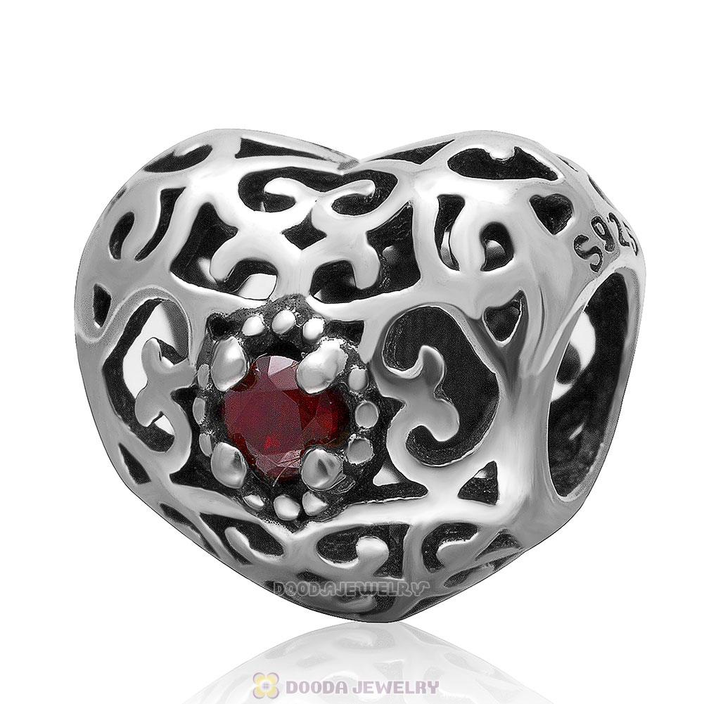 925 Sterling Silver January Signature Heart with Garnet Stone Charm