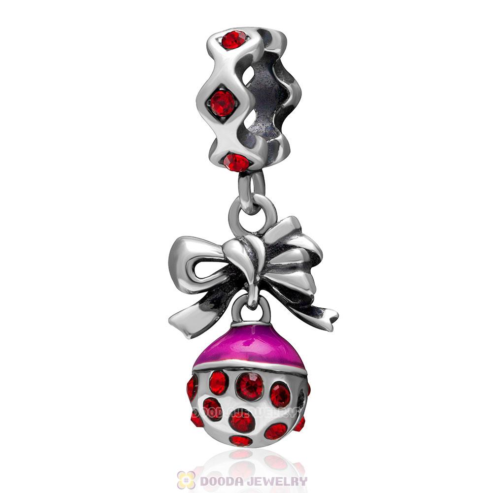 925 Sterling Silver Merry Christmas Bell Enamel Charm with Lt Siam Crystal