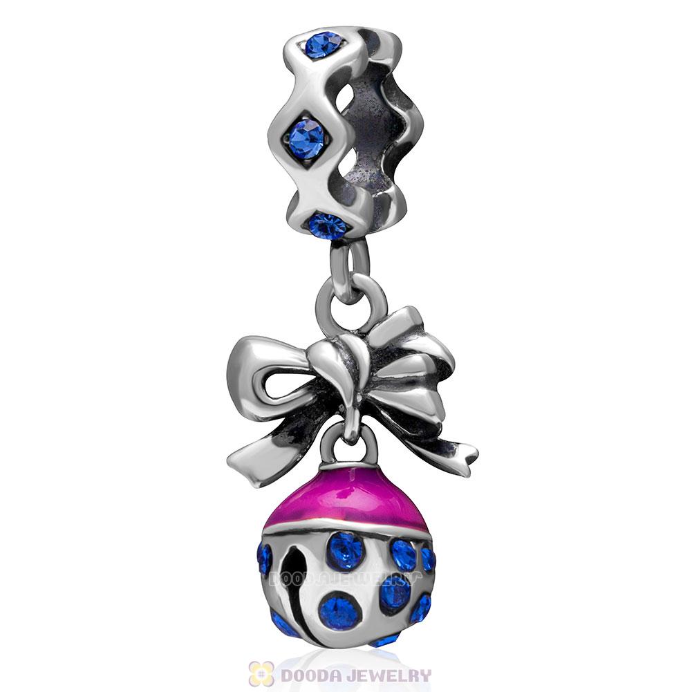 925 Sterling Silver Merry Christmas Bell Enamel Charm with Sapphire Crystal