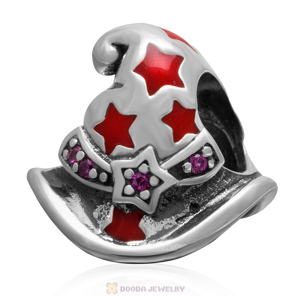 925 Sterling Silver Magic or Witch Hat Charm Bead with Red Enamel Star