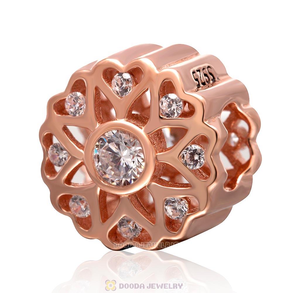 925 Sterling Silver Rose Gold Love Charm Bead with Clear Stone