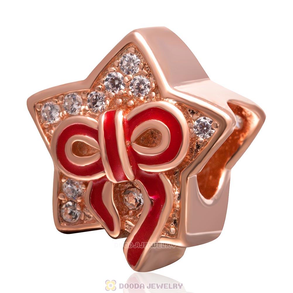 925 Sterling Silver Red Bow Rose Gold Star Charm Bead with Clear Stone