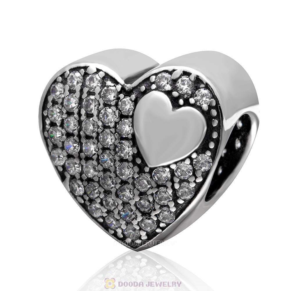 925 Sterling Silver Love Heart Charm Bead with Pave Clear Cz