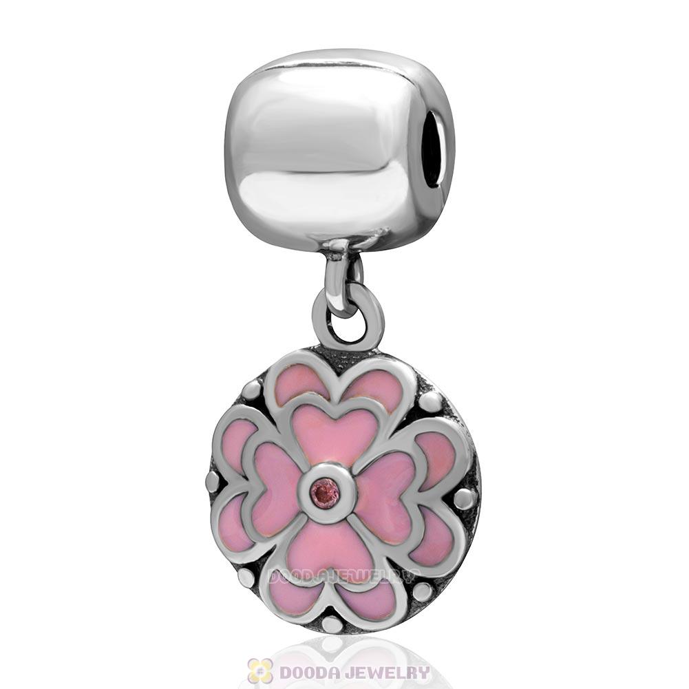 925 Sterling Silve Pink Enamel Clover Dangle Clip Bead with Pink CZ