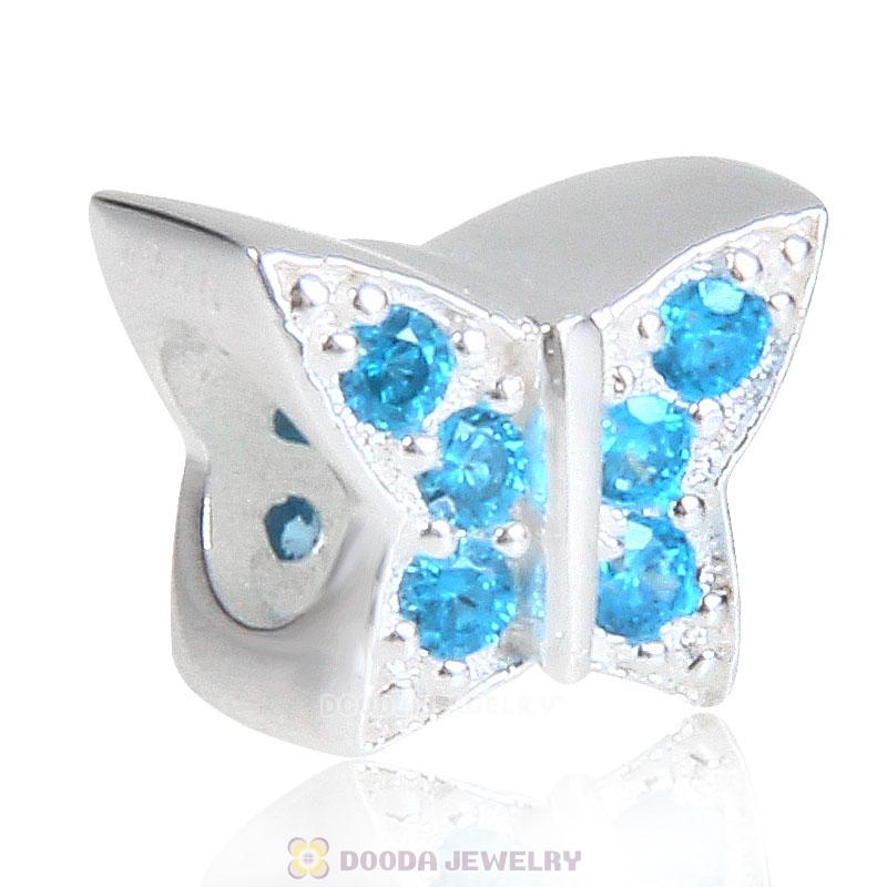 S925 Sterling Silver Butterfly Charm Jewelry Beads with Blue Stone