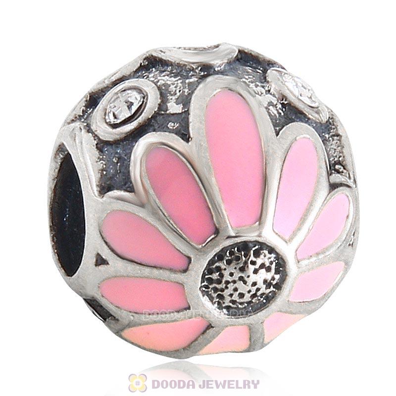 925 Sterling Silver Pink Daisy Flower Charm Bead with Clear Crystal