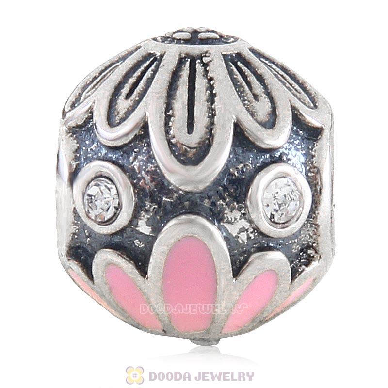 925 Sterling Silver Pink Daisy Flower Charm Bead with Clear Crystal