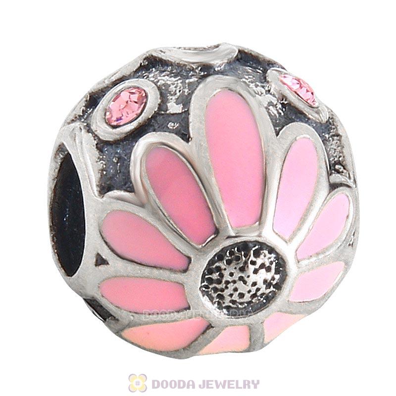 925 Sterling Silver Pink Daisy Flower Charm Bead with Pink Crystal