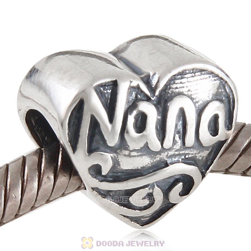 925 Sterling Silver I Love Nana Heart Bead Antique Style