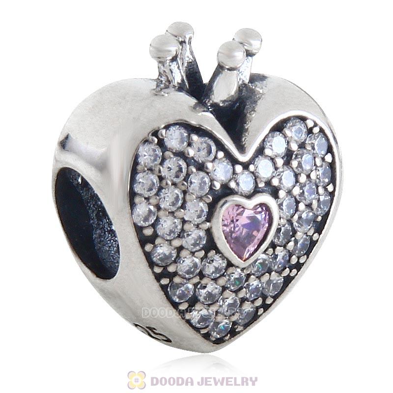 925 Sterling Silver Heart with Crown Charm Bead with Stone