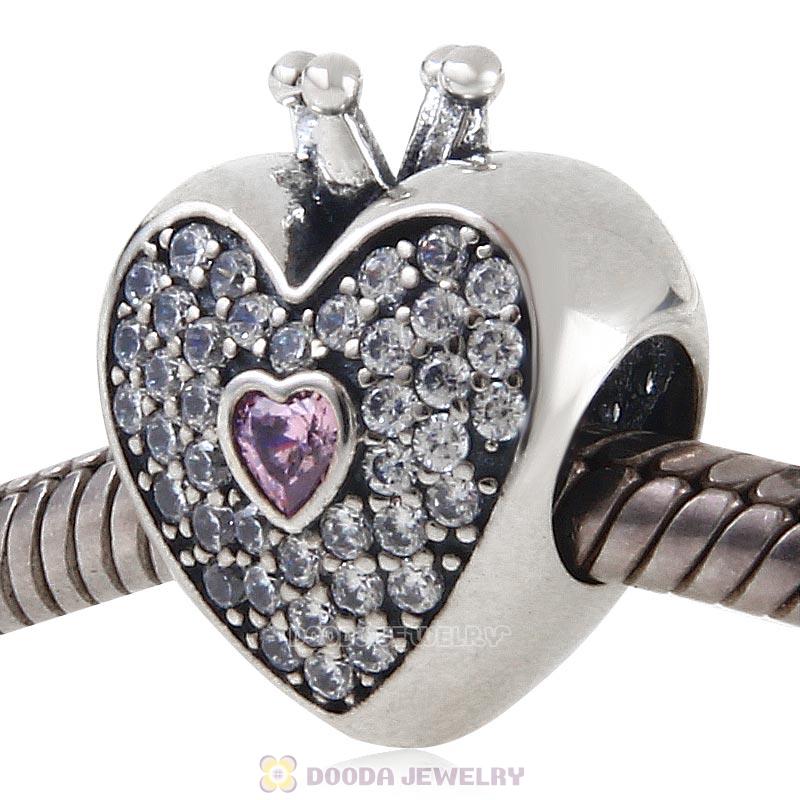 925 Sterling Silver Heart with Crown Charm Bead with Stone