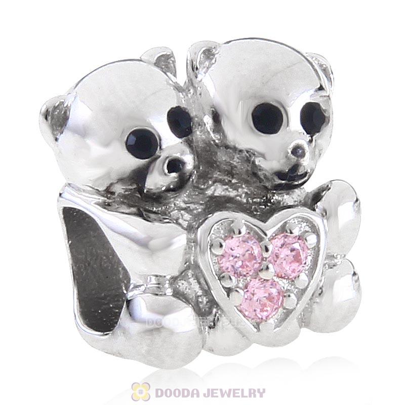 925 Sterling Silver Bear Hug Pink Heart Charm with Stone