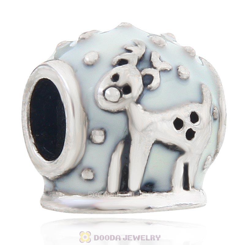 925 Sterling Silver Merry Christmas Reindeer White Enamel Charm Bead 