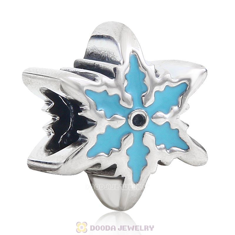 925 Sterling Silver Blue Snowflake Charm Bead with Clear Crystal