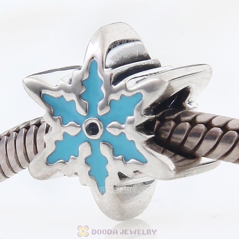 925 Sterling Silver Blue Snowflake Charm Bead with Clear Crystal