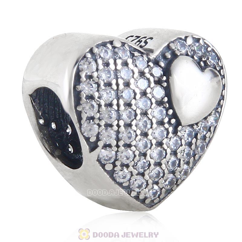 925 Sterling Silver Love Heart Charm Bead with Pave Clear Cz