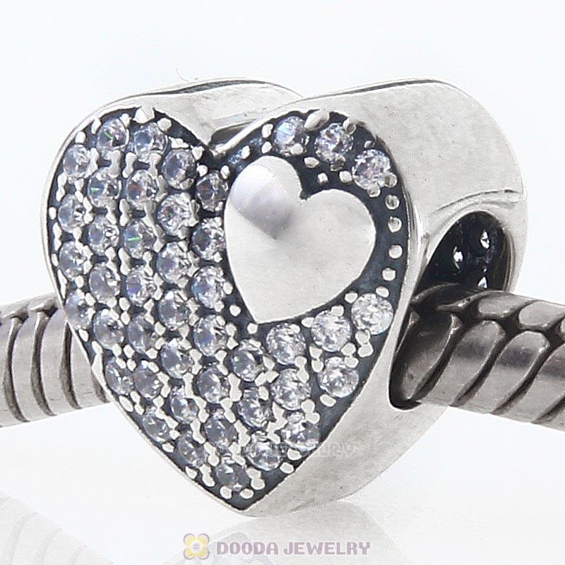 925 Sterling Silver Love Heart Charm Bead with Pave Clear Cz