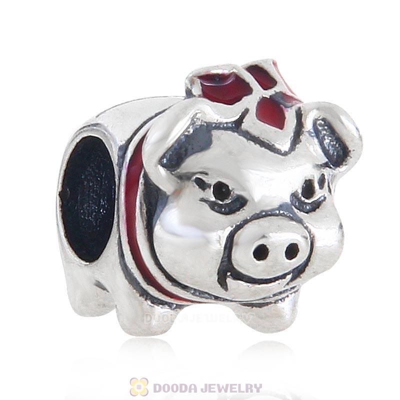 925 Sterling Silver Cute Pig with Red Bow Charm Bead 