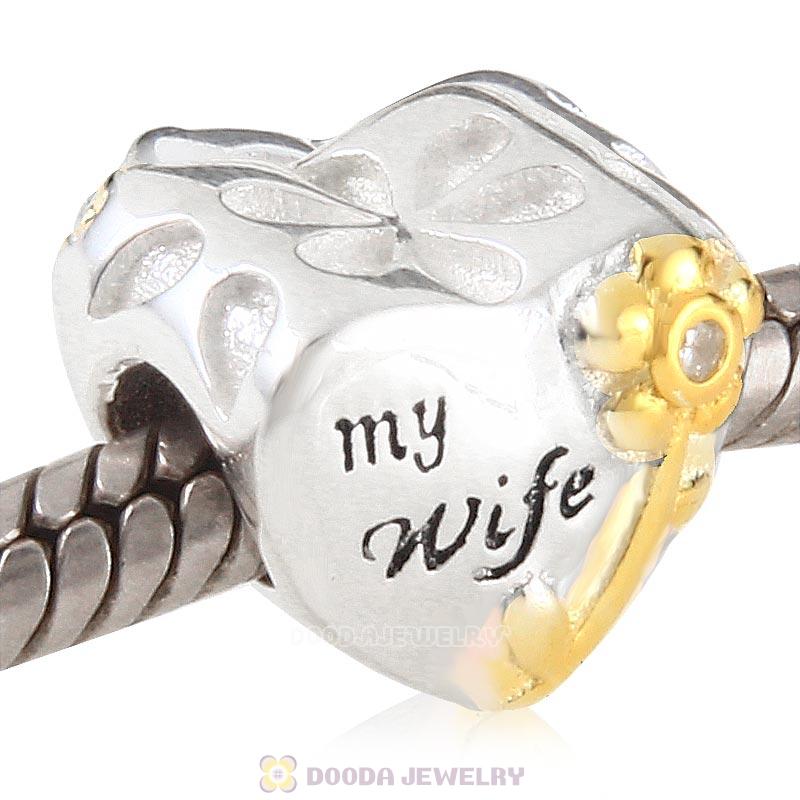 Gold Plated Flower 925 Sterling Silver Love My Wife Heart Bead
