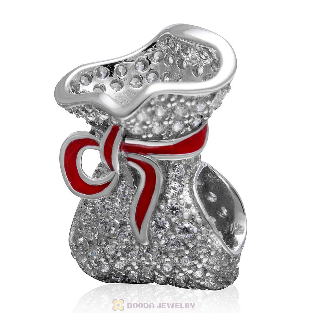 925 Sterling Silver Sparkling Bag Charm with Red Ribbon Bead