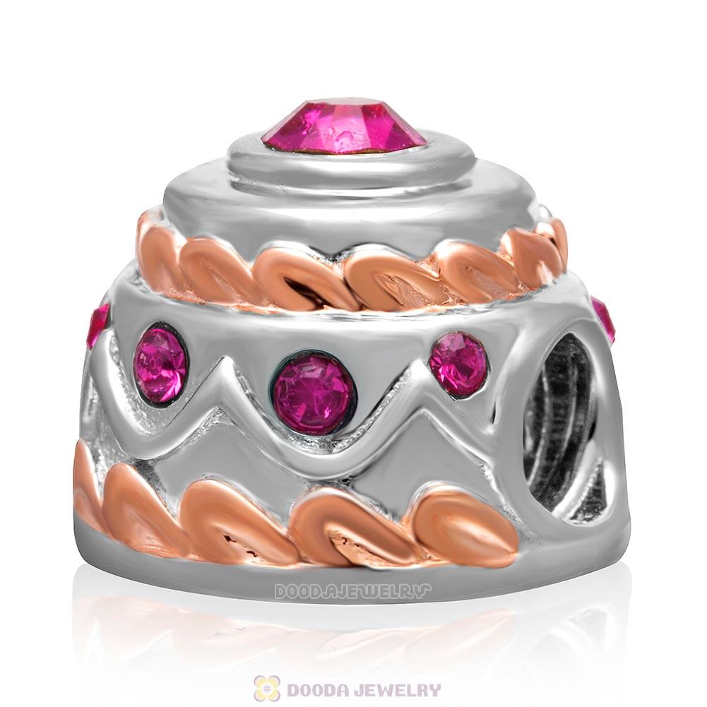 925 Sterling Silver Rose Gold Birthday Cake Charm Bead with Fuchsia Crystal  