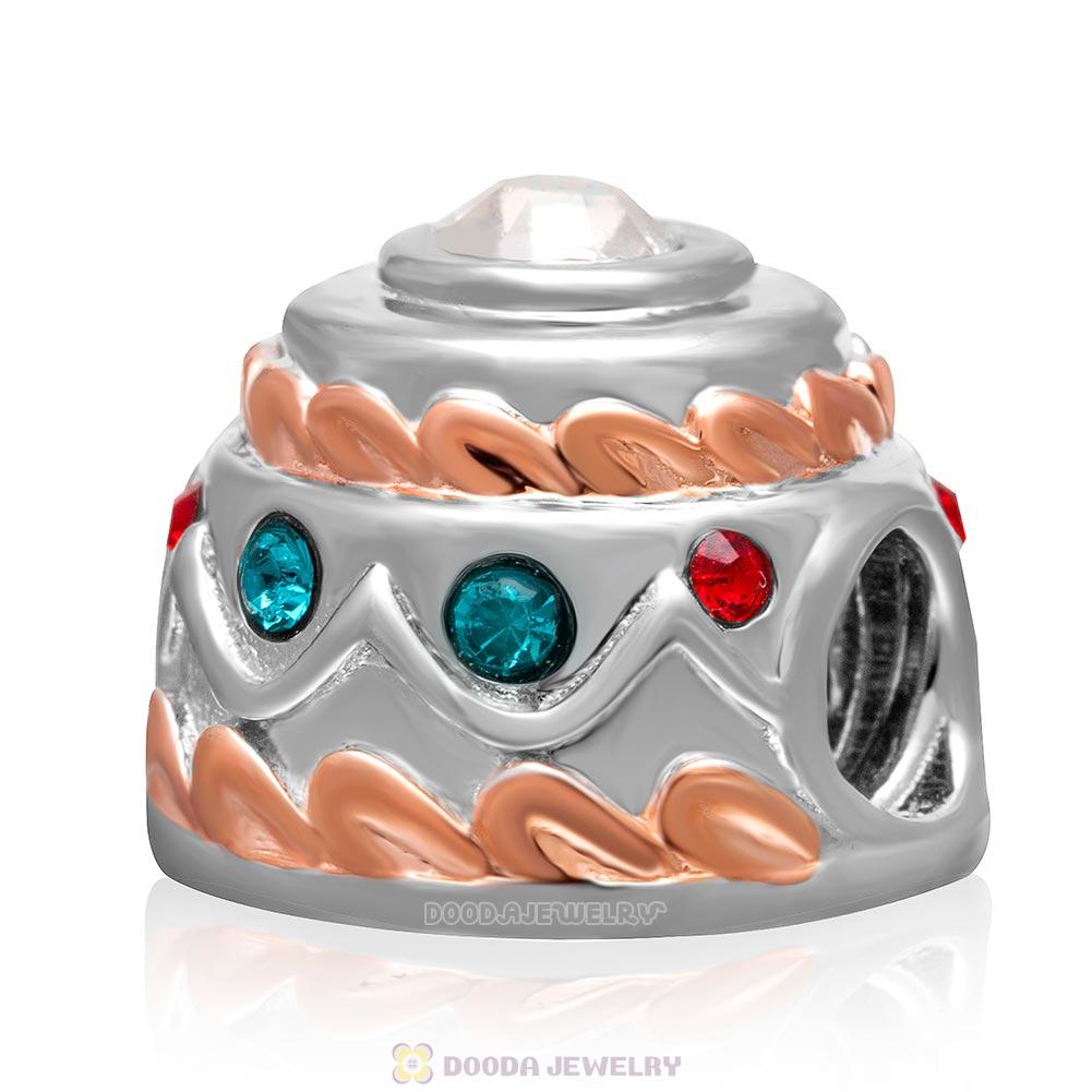 925 Sterling Silver Rose Gold Birthday Cake Charm Bead with Colorful Crystal  