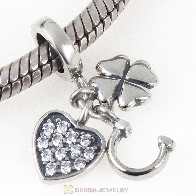Horseshoe Clovers and Heart 925 Sterling Silver Lucky Charm