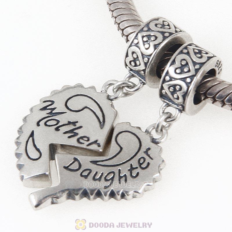Mother Daughter Separate Heart 925 Sterling Silver Dangle Charms