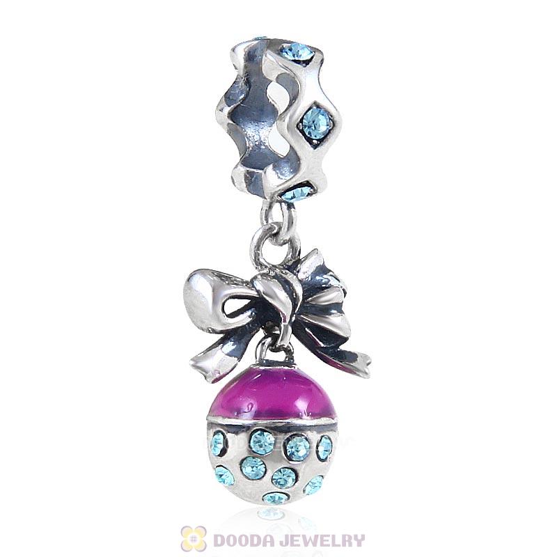 925 Sterling Silver Merry Christmas Bell Enamel Charm with Aquamarine Crystal