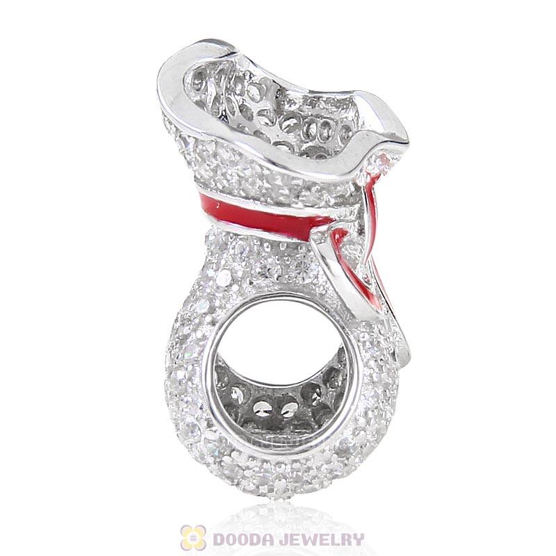 925 Sterling Silver Sparkling Bag Charm with Red Ribbon Bead
