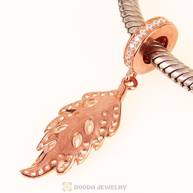 925 Sterling Silver Rose Gold Charm Feather Dangle Pendant
