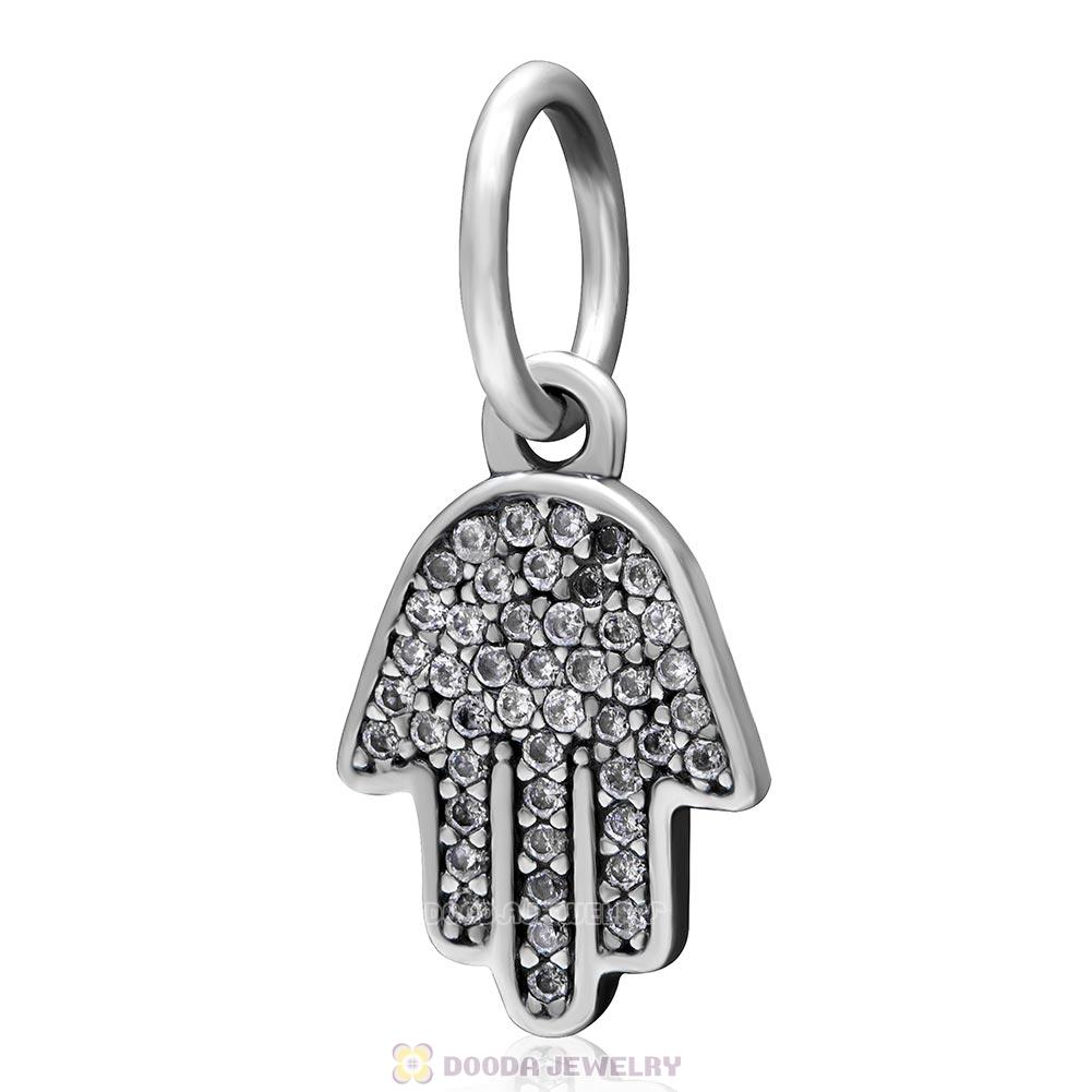 925 Sterling Silver Hamsa Hand Symbol of Protection Dangle Charm with Clear CZ