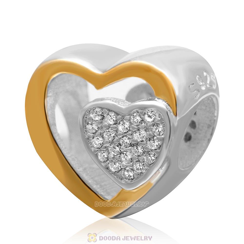 Joined Together with Clear CZ and Gold Plated 925 Sterling Silver Heart Bead